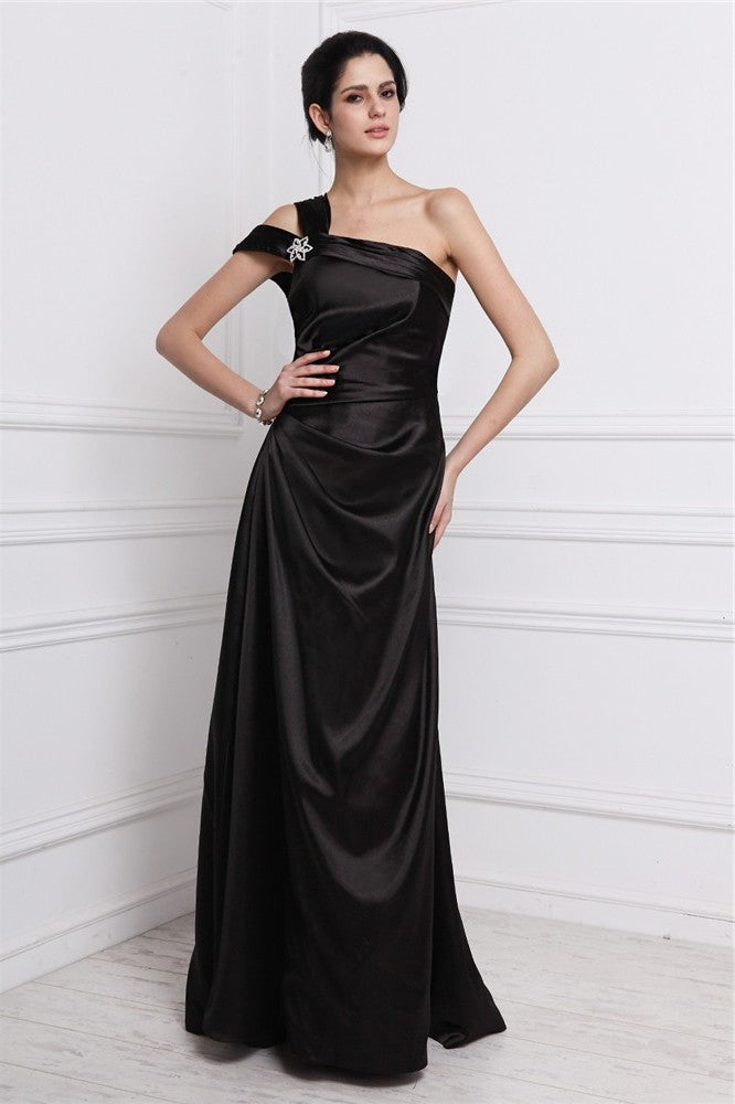 One-Shoulder Elastic Beading Sheath/Column Long Sleeveless Woven Satin Dresses