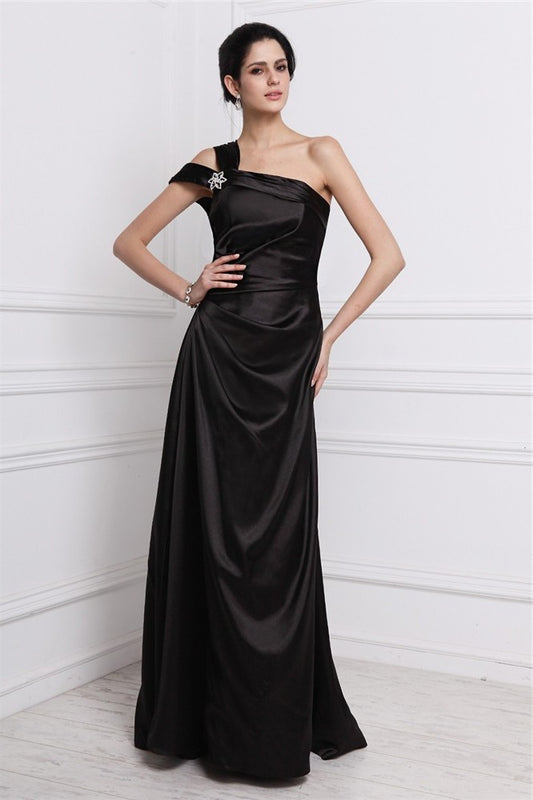 One-Shoulder Elastic Beading Sheath/Column Long Sleeveless Woven Satin Dresses