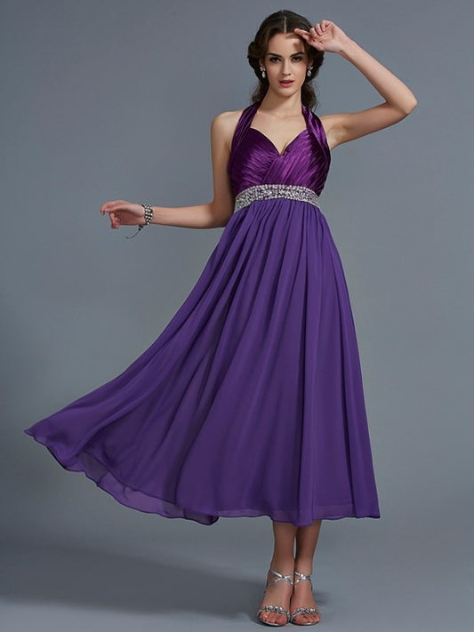 Long A-Line/Princess Sleeveless Beading Halter Chiffon Bridesmaid Dresses