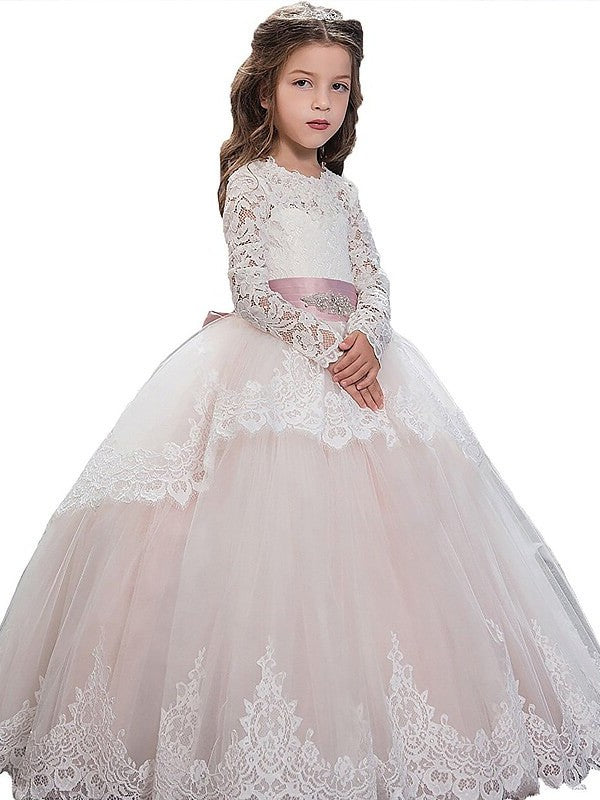 Jewel Floor-Length Long Gown Sleeves Ball Tulle Lace Flower Girl Dresses