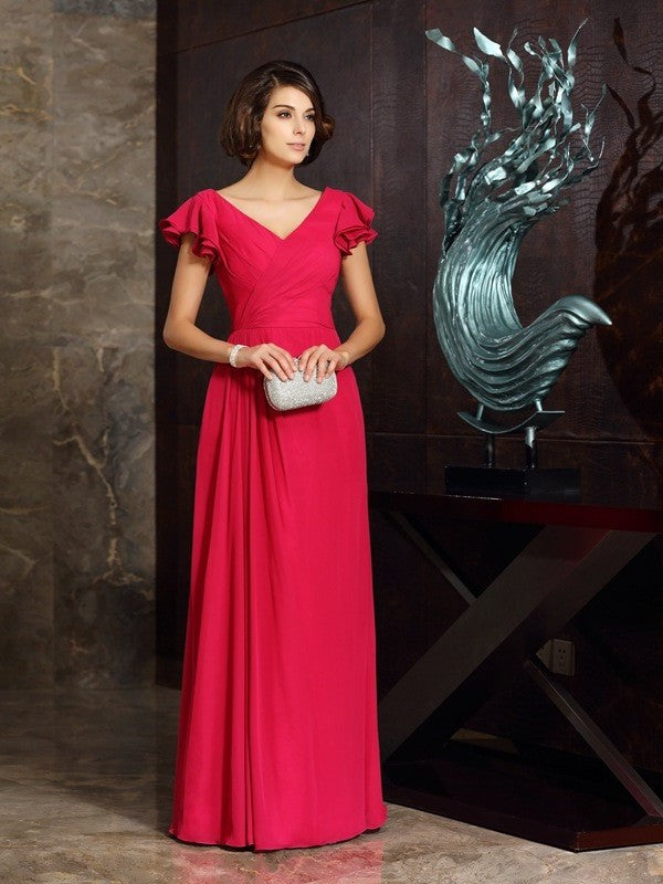 V-neck Short A-Line/Princess of Long Ruched Mother Sleeves Chiffon the Bride Dresses