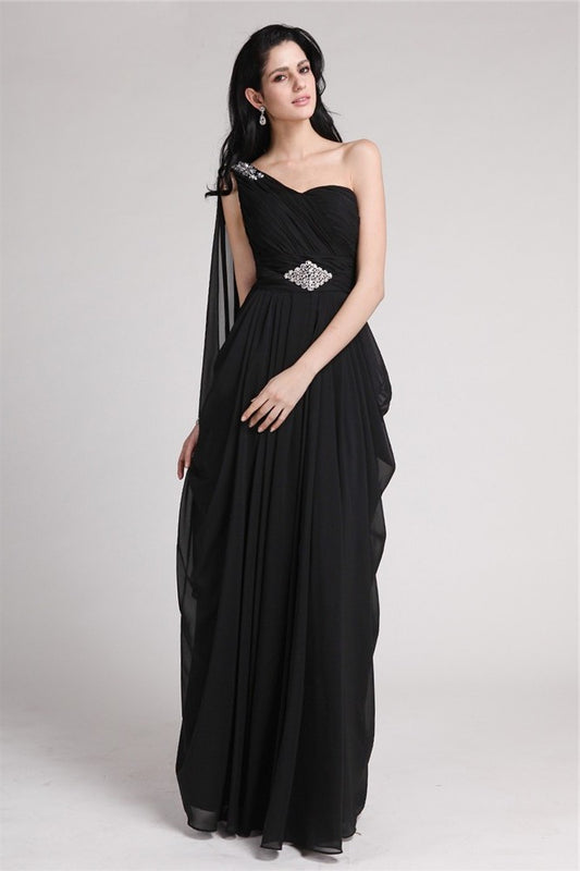 Sheath/Column Long Sleeveless One-Shoulder Beading Chiffon Dresses