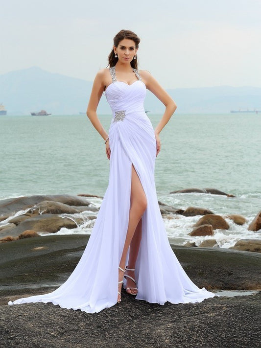 Chiffon Sheath/Column Beading Straps Sleeveless Long Beach Wedding Dresses