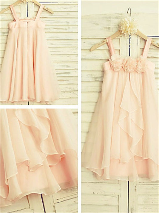 Spaghetti A-line/Princess Ruffles Tea-Length Sleeveless Straps Chiffon Flower Girl Dresses