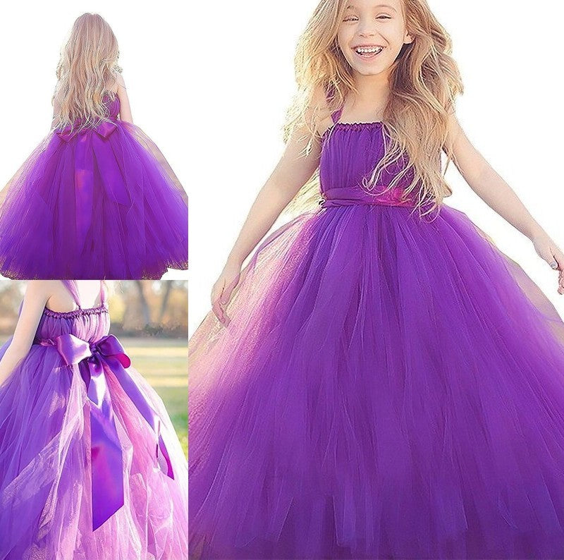 Sleeveless Floor-Length Ball Tulle Straps Bowknot Gown Flower Girl Dresses