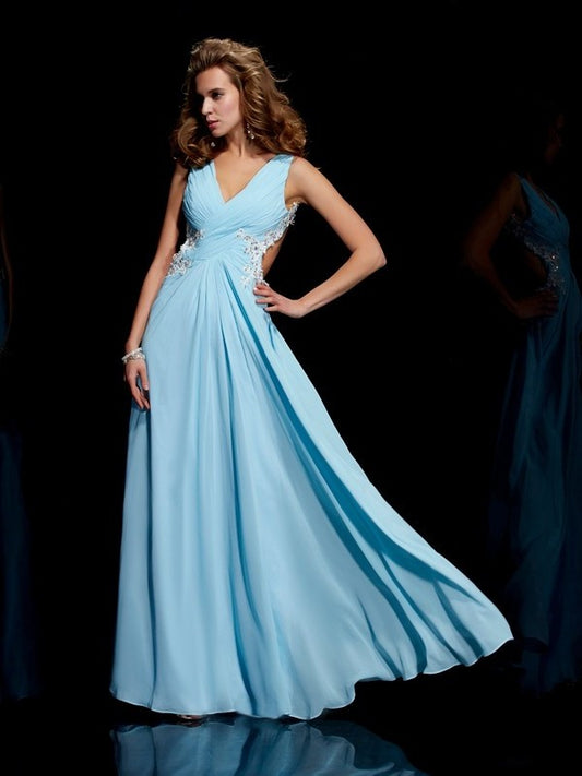 A-Line/Princess Sleeveless Beading Straps Applique Long Chiffon Dresses