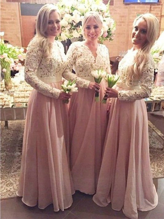 V-neck Sleeves Lace Long Floor-Length A-Line/Princess Chiffon Bridesmaid Dresses