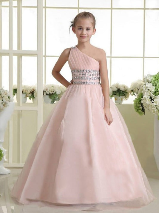 Organza One-shoulder A-line/Princess Long Sleeveless Beading Flower Girl Dresses