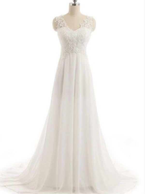 Sleeveless A-Line/Princess Lace Sweep/Brush V-neck Train Chiffon Wedding Dresses