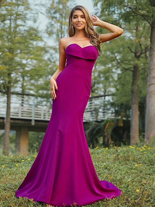 Sweep/Brush Ruched Crepe Stretch Sleeveless Sweetheart Sheath/Column Train Bridesmaid Dresses