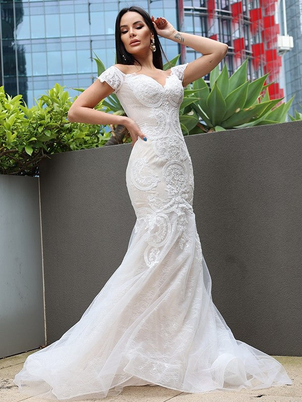 Sweep/Brush Applique Trumpet/Mermaid Tulle Sleeveless Off-the-Shoulder Train Wedding Dresses