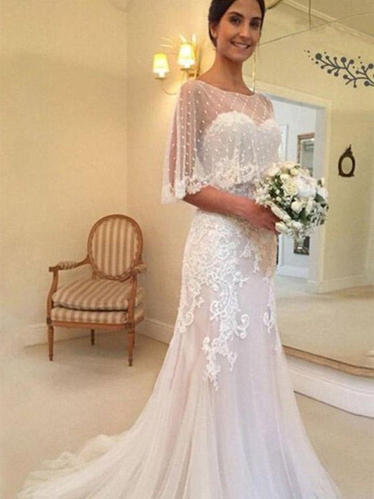 Sweep/Brush Applique Sleeveless Sheath/Column Sweetheart Tulle Train Wedding Dresses