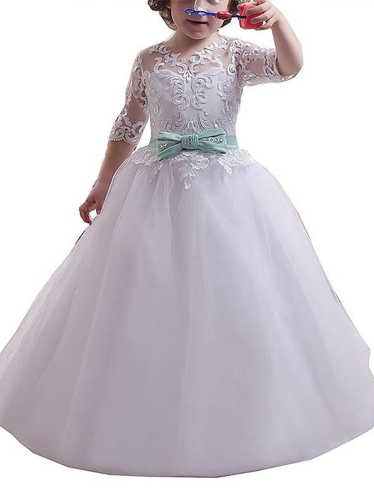 Ball Floor-Length Jewel Lace Gown Tulle Sleeves 1/2 Flower Girl Dresses