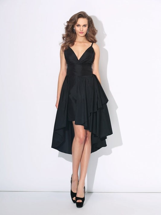 A-Line/Princess High Straps Ruffles Spaghetti Sleeveless Low Taffeta Dresses