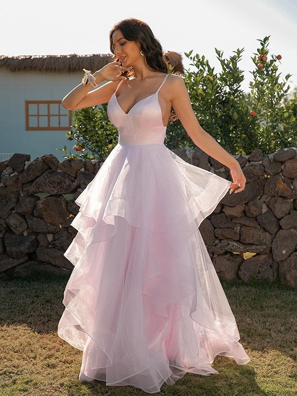 Tulle V-neck A-Line/Princess Ruffles Sleeveless Floor-Length Dresses