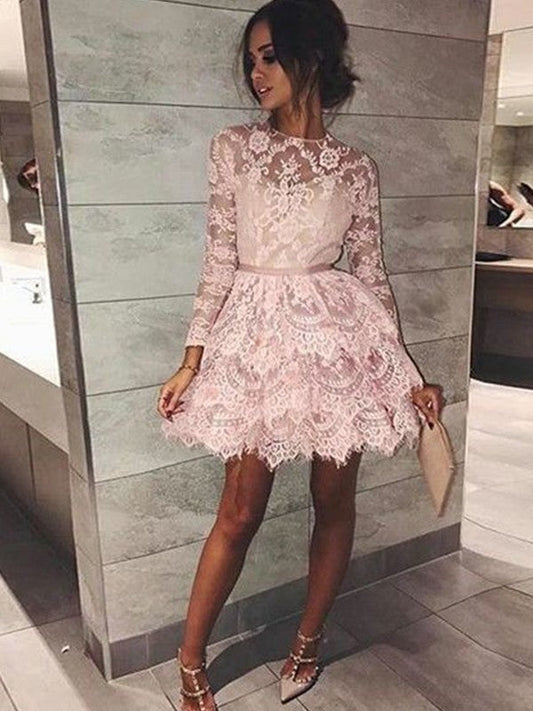 Lucia A-Line/Princess Bateau Long Sleeves Beading Homecoming Dresses Lace Short/Mini Dresses