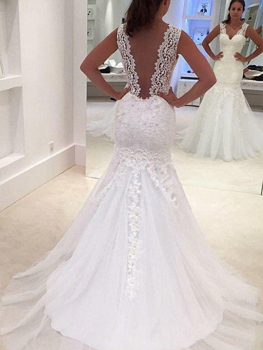 Train Court V-neck Applique Sleeveless Trumpet/Mermaid Lace Wedding Dresses