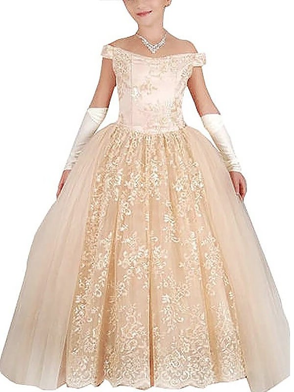 Ball Gown Tulle Sleeveless Floor-Length Applique Off-the-Shoulder Flower Girl Dresses