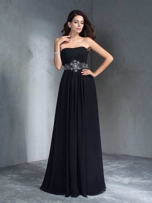 Strapless A-Line/Princess Beading Sleeveless Long Chiffon Dresses