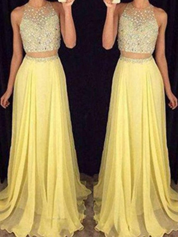 Train Chiffon Sweep/Brush A-Line/Princess Scoop Beading Sleeveless Two Piece Dresses