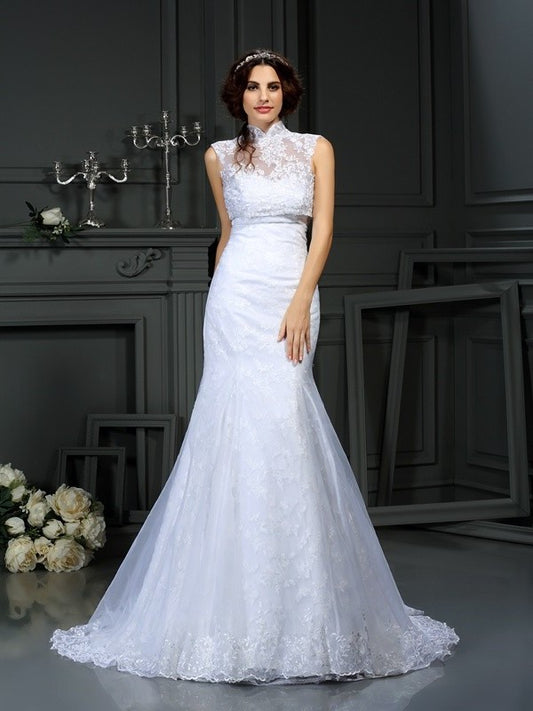 Sweetheart Sleeveless Lace Trumpet/Mermaid Long Satin Wedding Dresses