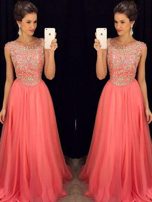 Beading Sleeveless A-Line/Princess Scoop Floor-Length Chiffon Dresses