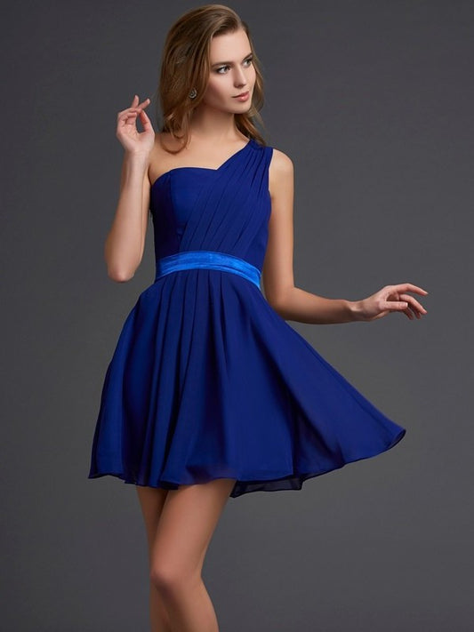 Sleeveless Pleats One-Shoulder A-Line/Princess Short Chiffon Homecoming Dresses