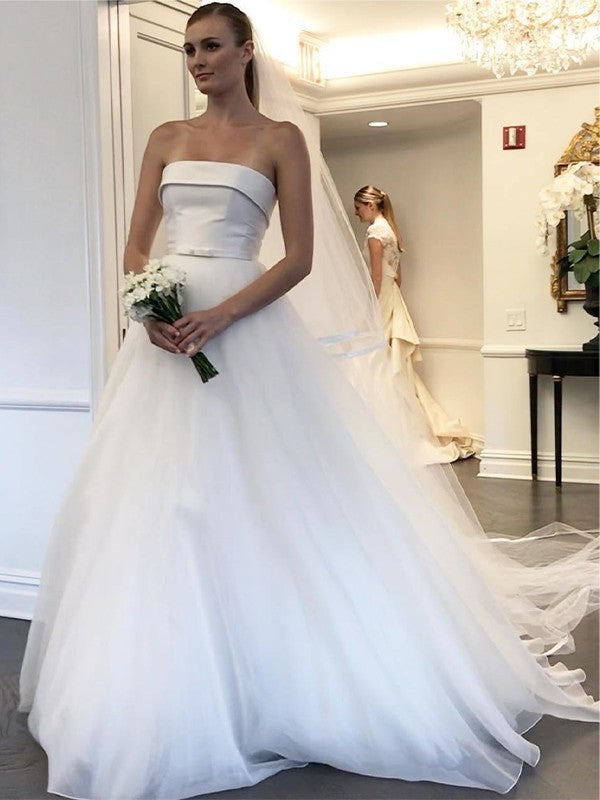 Tulle Train Sweep/Brush Sleeveless A-Line/Princess Strapless Ruffles Wedding Dresses