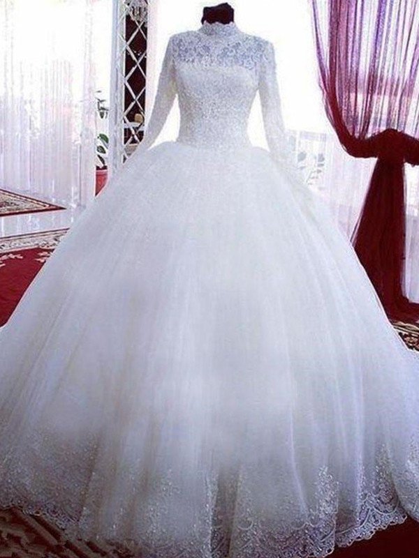 Lace Neck Sleeves High Tulle Ball Long Chapel Gown Train Wedding Dresses