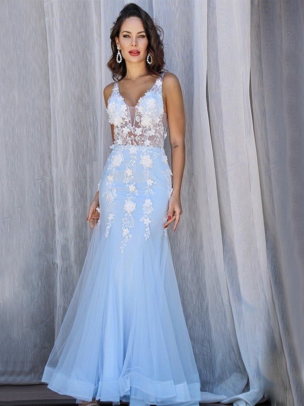 Tulle Trumpet/Mermaid Sleeveless V-neck Applique Floor-Length Dresses