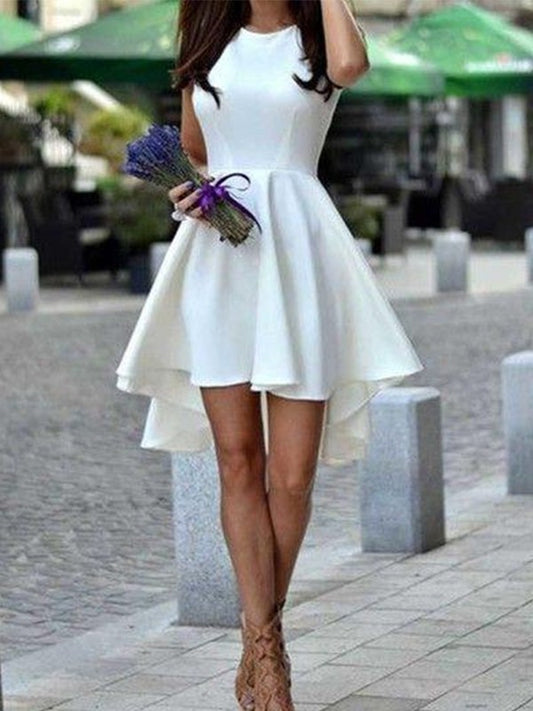 Ruffles A-Line Satin With Short Jewel Cut White Homecoming Dresses