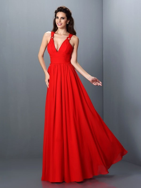 V-neck Pleats Long Sleeveless A-Line/Princess Chiffon Bridesmaid Dresses