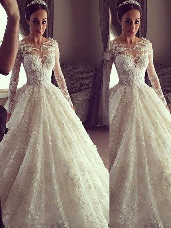 Sleeves Gown Long Train Scoop Court Ball Lace Wedding Dresses