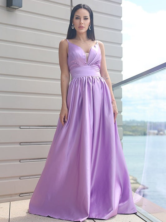 Satin Ruched Sleeveless A-Line/Princess V-neck Sweep/Brush Train Dresses