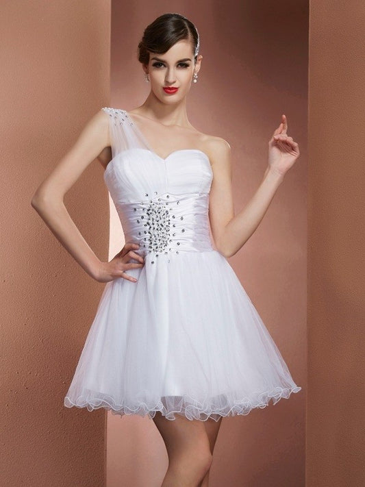 Beading Sleeveless A-Line/Princess One-Shoulder Short Net Homecoming Dresses