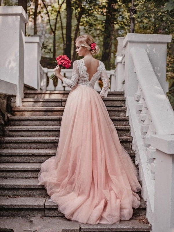 V-neck Long Gown Court Ball Train Sleeves Applique Tulle Wedding Dresses