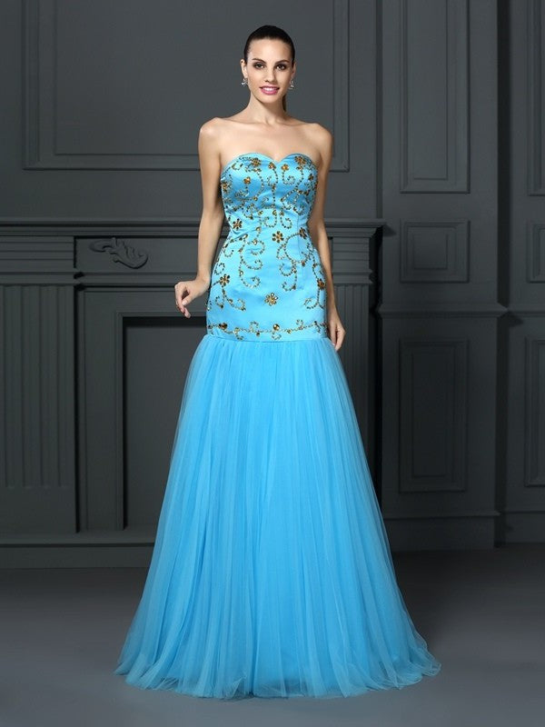 Sweetheart Trumpet/Mermaid Sleeveless Beading Long Satin Dresses