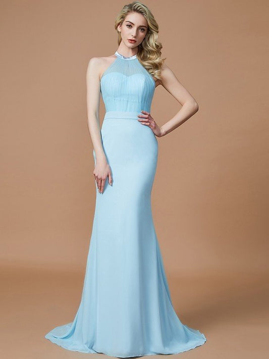 Sweep/Brush Trumpet/Mermaid Scoop Train Sleeveless Chiffon Bridesmaid Dresses