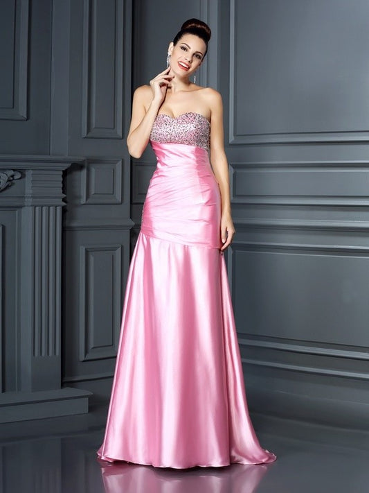 Beading Trumpet/Mermaid Elastic Sweetheart Long Sleeveless Woven Satin Dresses