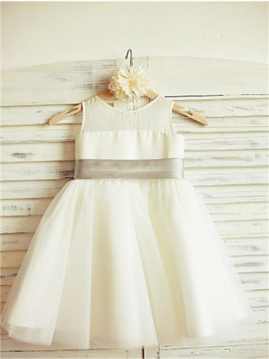 A-line/Princess Tulle Tea-Length Scoop Bowknot Sleeveless Flower Girl Dresses