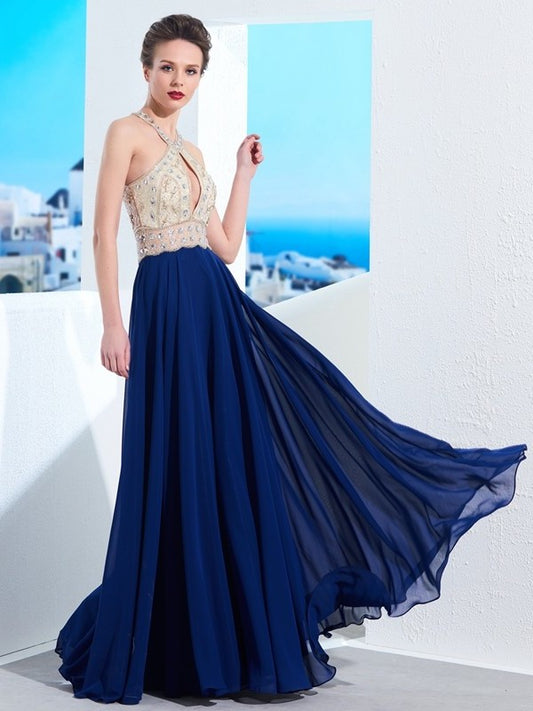 Beading Straps A-Line/Princess Sleeveless Chiffon Floor-Length Dresses