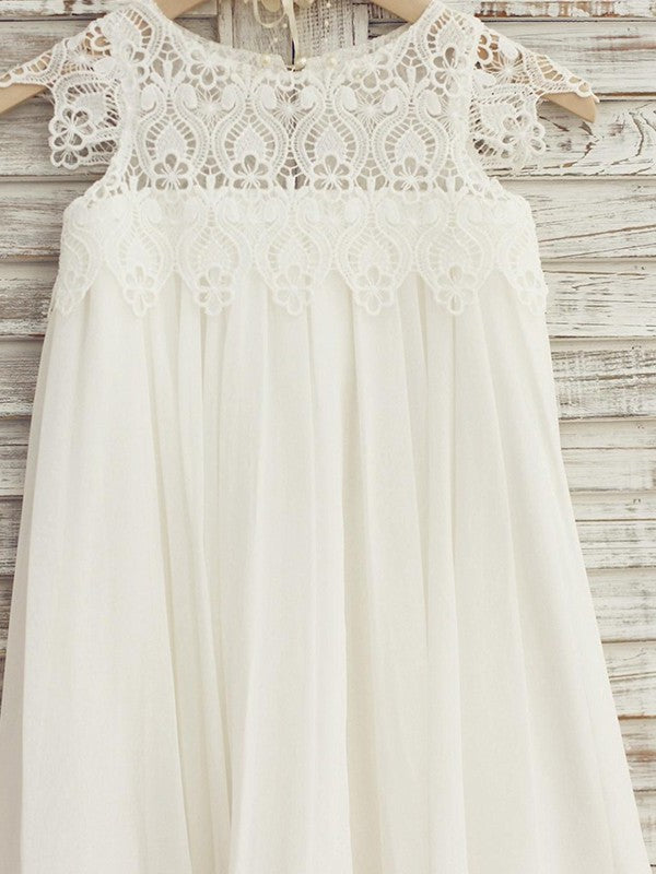 A-Line/Princess Scoop Short Lace Knee-Length Chiffon Sleeves Flower Girl Dresses