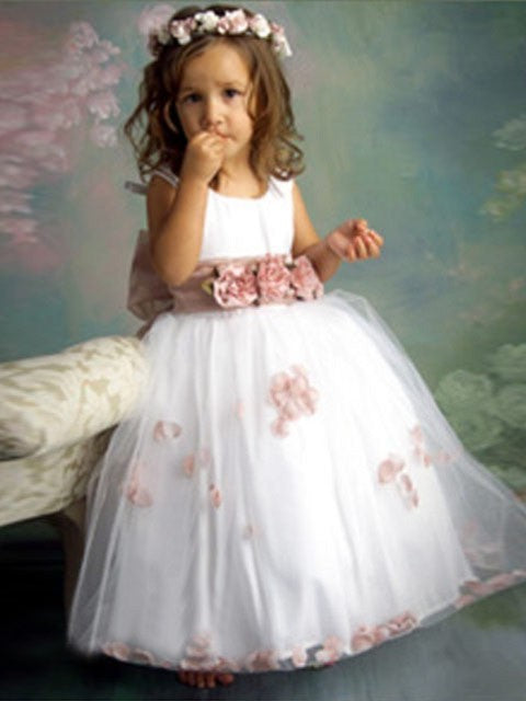 Scoop Sleeveless Tulle A-line/Princess Long Hand-made Flower Flower Girl Dresses