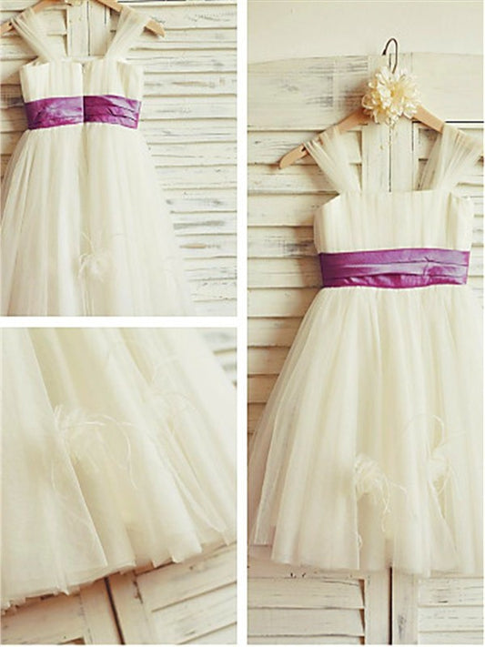 Tulle Ruffles Tea-Length Sleeveless A-line/Princess Straps Flower Girl Dresses