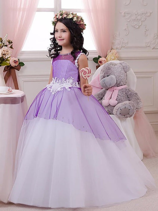 Ball Tulle Applique Jewel Floor-Length Sleeveless Gown Flower Girl Dresses