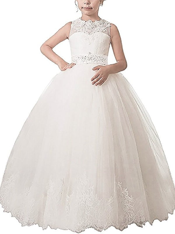 Sash/Ribbon/Belt Tulle Gown Floor-Length Ball Scoop Sleeveless Flower Girl Dresses