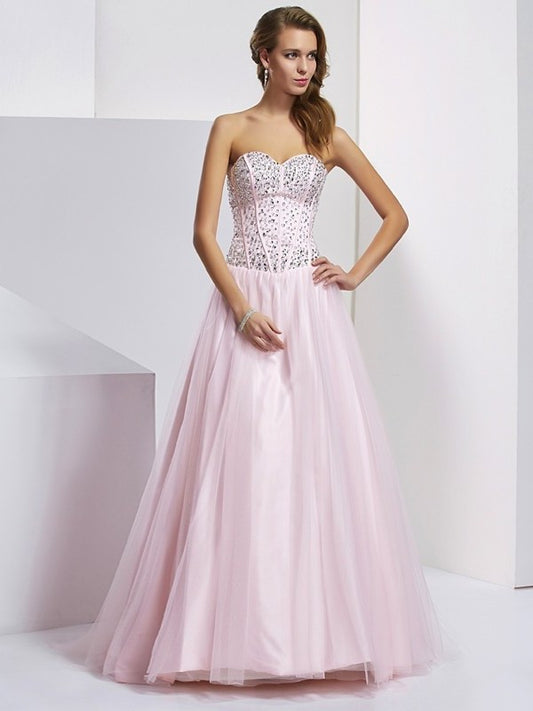 Sleeveless Ball Beading Gown Sweetheart Long Satin Quinceanera Dresses