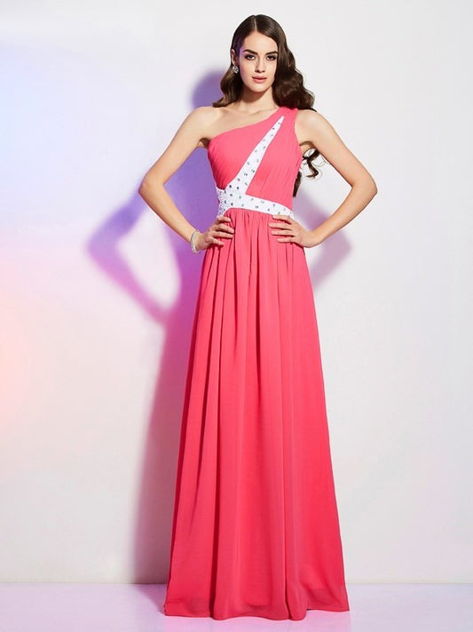 One-Shoulder Beading A-Line/Princess Sleeveless Long Chiffon Dresses