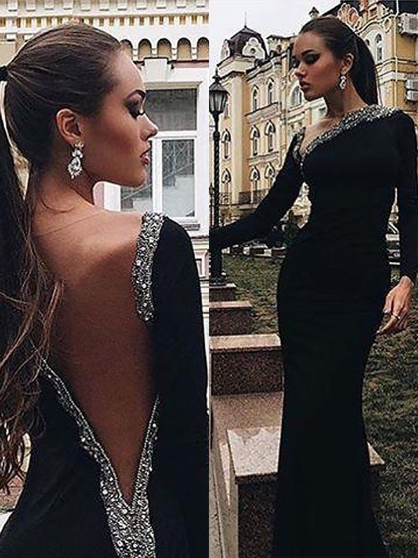 One-Shoulder Spandex Trumpet/Mermaid Long Sleeves Beading Sweep/Brush Train Dresses