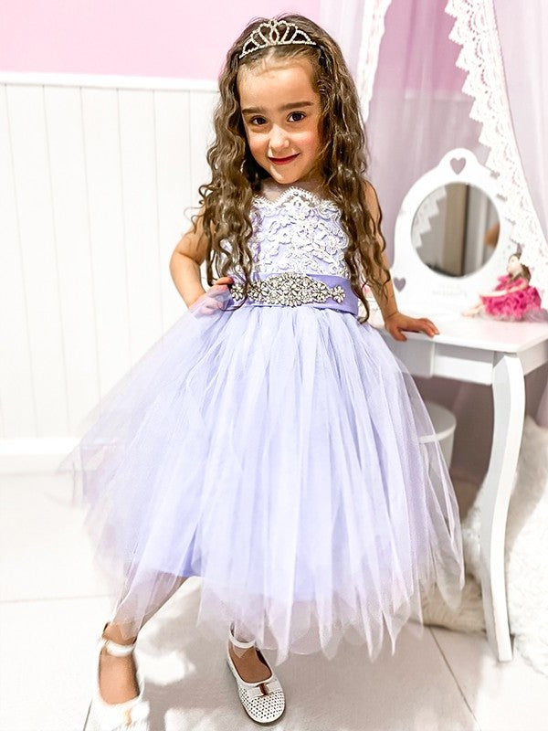 Tulle A-Line/Princess Lace Knee-Length Scoop Sleeveless Flower Girl Dresses